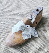 Antique Wood Childrens Shoe Form Last With Antique Lace Primitive Home Decor