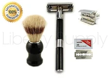 2 PC WET SHAVING SET - 4" LONG DE BUTTERFLY OPENING SAFETY RAZOR, BRISTLE BRUSH