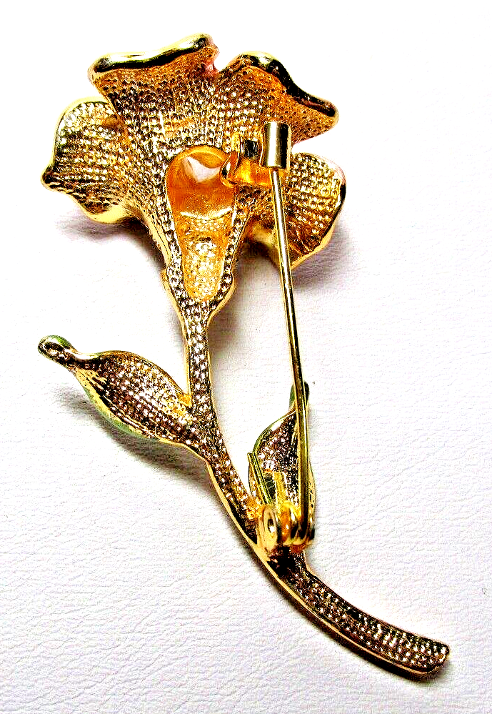 Women's Gold Tone Pink Flower With AB & Clear Crystal Pin Brooch