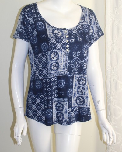 Chaps Sz XL Asian Japanese Patchwork Shibori Cotton Knit Blouse Shirt Top - Picture 6 of 6