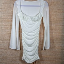 SHEINBAE Dress Womens XS White Mesh Long Sleeve Ruched Bodycon Modern Mini
