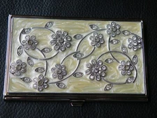 Argento SC Square COMPACT w MIRROR & SLOT Compartment SILVER TONE & CRYSTALS