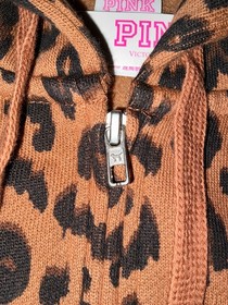 Victoria's Secret Pink Brown Leopard Ivy Fleece Campus Half Zip Hoodie XL NWT
