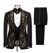 Luxury Men Suits Slim Fit Beading Single Breasted Wedding Tuxedos Rhinestone New