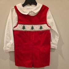 NWT Edgehill Collection Boy Christmas Tree Smocked Jon Jon 3T 2 Piece Shortall