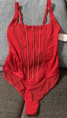 Brand NEW Auden Red Sheer Thong Bodysuit with Rhinestone Corset Design Size S!!!