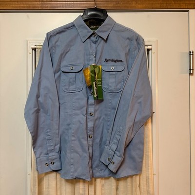 Remington Ladies Long Sleeve Button Down Blue Camo Trim M Discolored