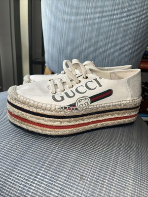 Gucci Logo Platform Espadrille Sneakers Ivory Canvas Web Stripe Women s EU 37