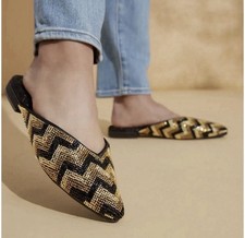 Birdies Swan Mule Black and Gold Deco Beaded Chevron Satin Flats Size 7.5 NWOB