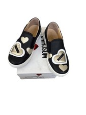 MOSCHINO VITELLO LAMINATO Shoes Black Gold Heart Slip On Sneakers US 3.5 Euro 35