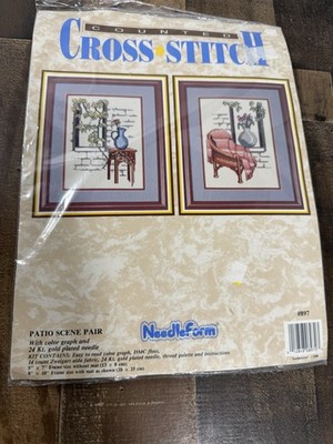 Counted Cross Stitch - Patio Scene Pair NEEDLE FORM -5''x7'' w/o Mat -8''x10'' w/Mat