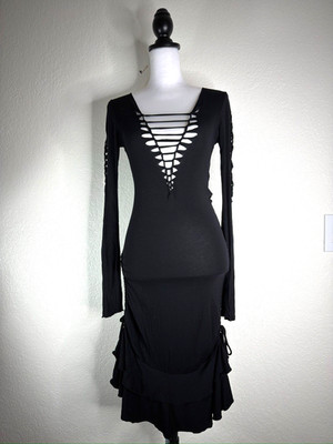 Y2K Black V-Neck Peep Cut Out Flare Bodycon Dress Halloween Goth Witch Sz S Sexy
