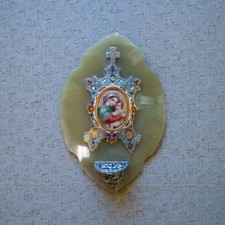 Ancien Bénitier en Émail Cloisonné – Vierge à l’Enfant – Monogrammé G.L.