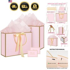 Pink Gift Bags with Handles, 14" Medium Gift Bags with Tissue Paper, 2 Pcs Pi...