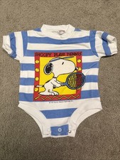 Snoopy Peanuts Plays Tennis One Piece Blue Striped 6 Months Vintage 90  s