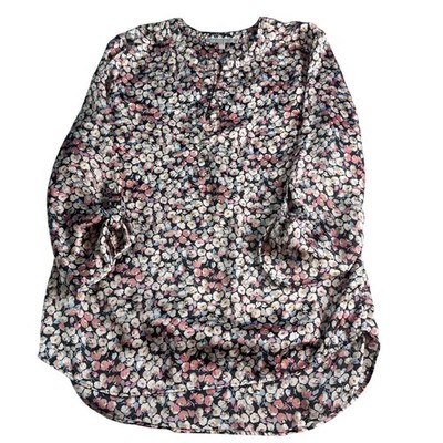 Daniel Rainn Floral High Low Blouse Women s Large Silky Long Sleeve Popover Top