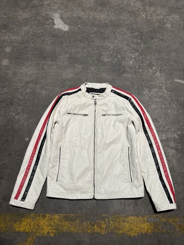 Vintage Wilson’s Leather Cafe Racer Jacket White Red Black Stripe Size Small