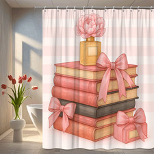 Cute Pink Floral Books Shower Curtain for Kids Bathroom Decor