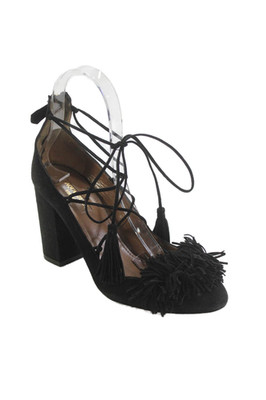Aquazzura Womens Suede Lace Up Fringe Pumps Black Size 36.5 6.5