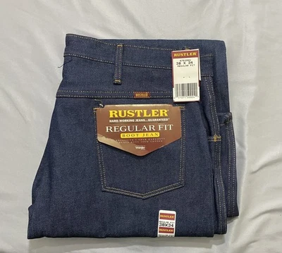 Vtg 80s RUSTLER 87620NV Rigid Raw Unsanforized Denim Jeans 38 x 34 USA Deadstock - Image 1 of 4
