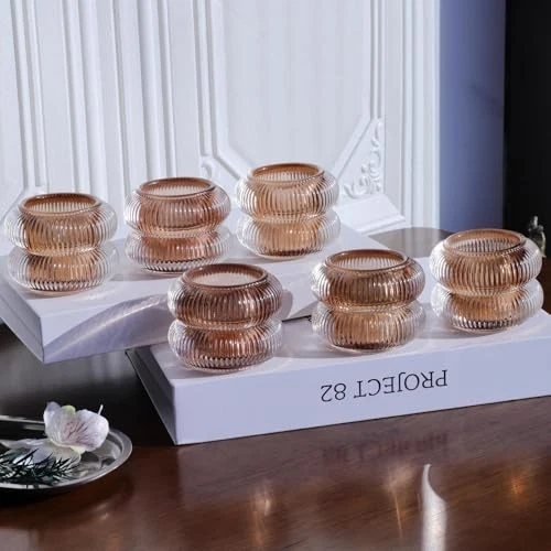  Conjunto de castiçais votivos com nervuras para mesa de casamento, âmbar Tealight 6 marrom - Imagem 3 de 4