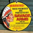 VINTAGE 1957 DATED SAVAGE ARMS THE 2ND AMENDMENT 10” PORCELAIN GAS OIL SIGN