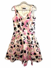 Tahari Pink, Black Retro Abstract Floral Sleeveless Fit-and-Flare Dress