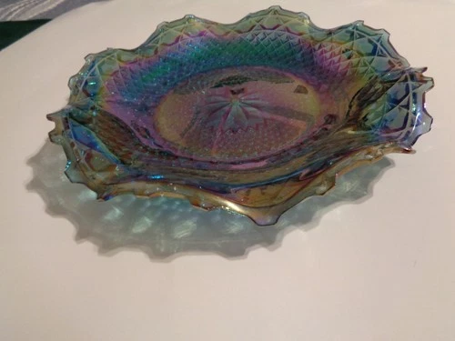 Vintage Blue/Purple Iridescent Carnival Glass 10" Ruffled dish--Free Shipp[ng