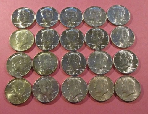1964 JOHN F. KENNRDY SIVER HALF DOLLARS. FULL ROLL OF 20. UNCIRCULATED, STUNNING