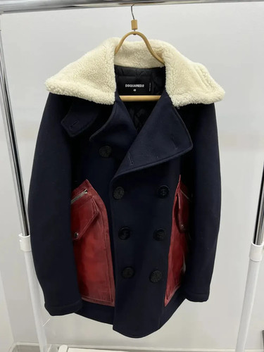 Dsquared2 Men's Wool Double-Breasted Pea Coat With Red Leather Pockets Size 48