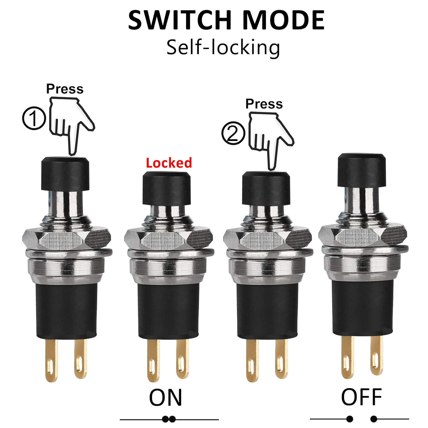 5Pcs Self-Locking SPST Latching Type Dash On/Off Push Button Switch AC 250V/3A B