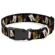 18-32" Maneki Neko Lucky Cats Gold/Black/White Plastic Clip Collar, Wide Large