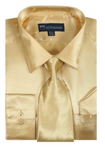 Men's Fashion Shiny Satin Dress Shirt With Tie And Handkerchief 10 colors 15~20 - Picture 13 of 14