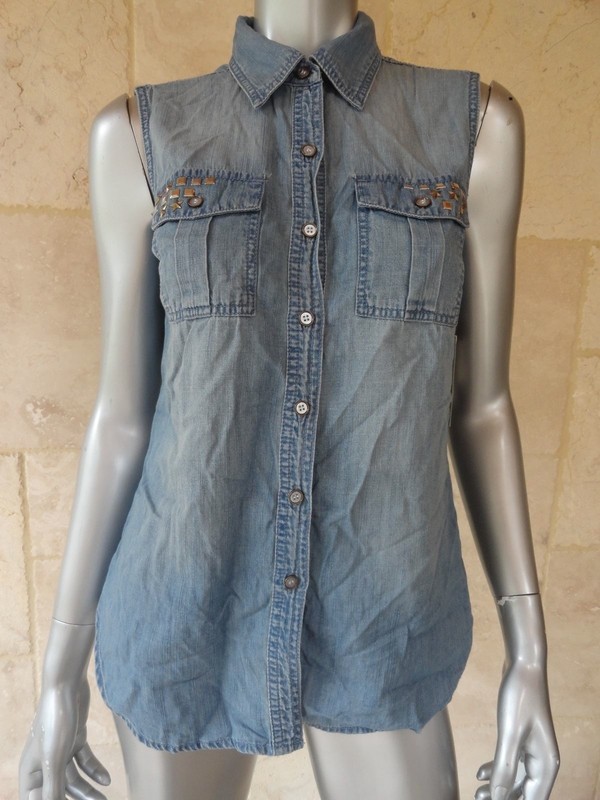 $79.50 INC Denim Chambray Embellished Sleeveless Button Down Blouse Top Sz 4 NWT