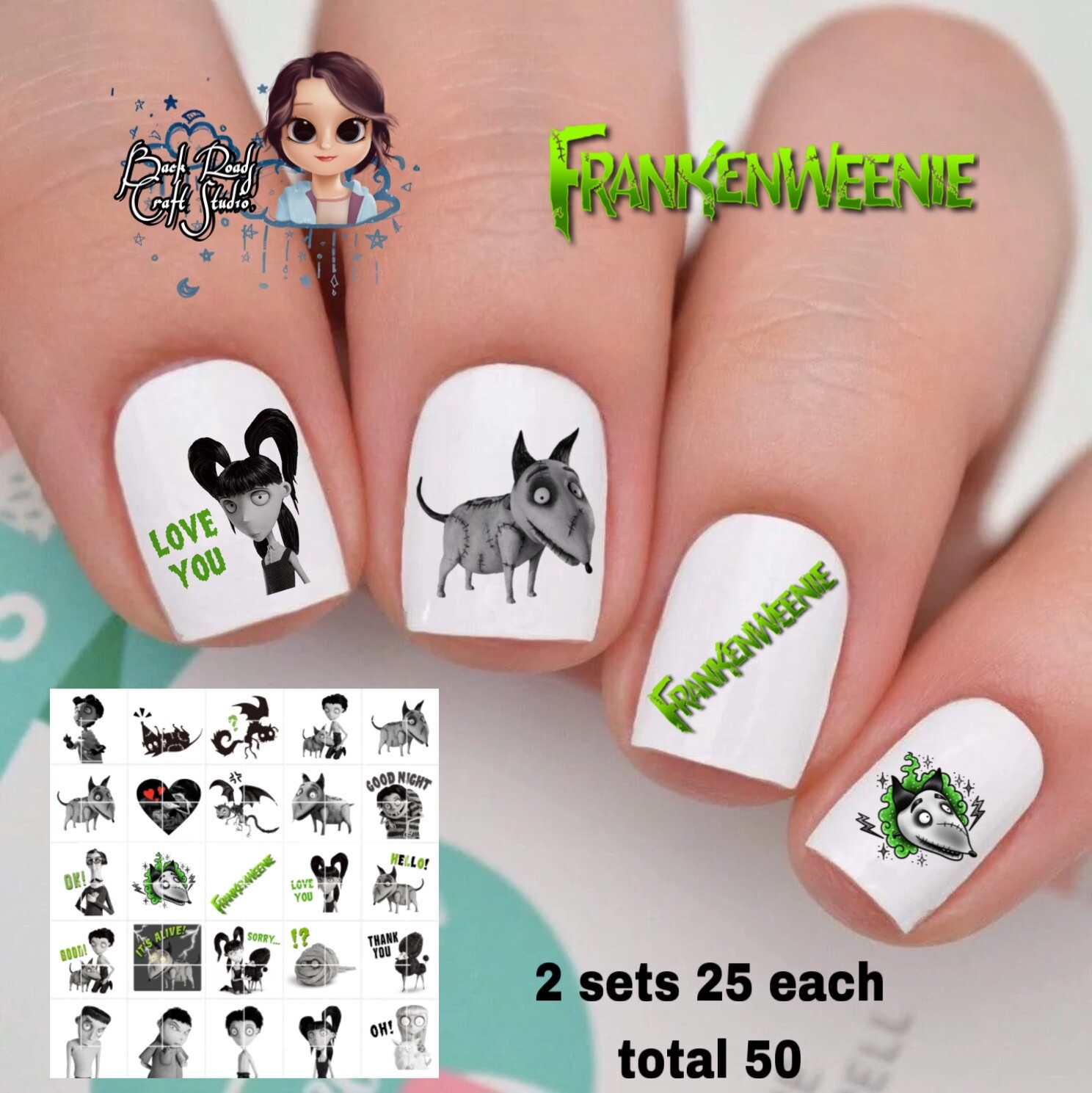 Frankenweenie Nail Decals Set of 50 with Waterslide Design and Bonus Guide