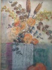 MCM 1970s STILL LIFE FLORAL ARRANGEMENT MODERN IMPRESSIONISTIC ORIGINAL PASTEL 