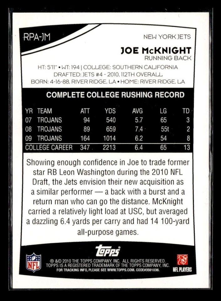 2010 Topps #RPA-JM Joe McKnight Rookie Premiere Autographs Red Ink #/10 - Image 2 of 2