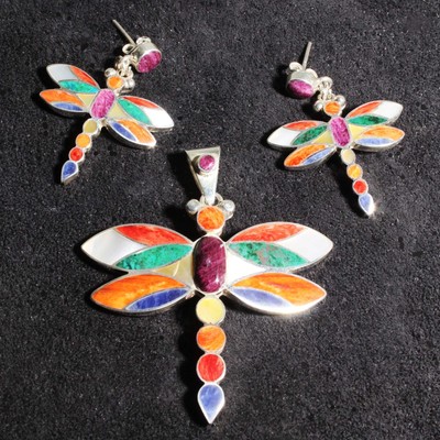 Dragonfly Earrings Pendant Full Spectrum Jewelry 950 Silver 7 Gemstone Types NEW