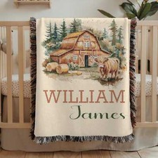 Personalized Highland Cow Baby Blanket - Rustic Barn Woven Tapestry
