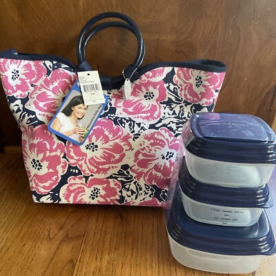 NWT Fit&Fresh Navy/Pink Peony COMPLETE SET Chiller Bag Containers Chill Pack NEW