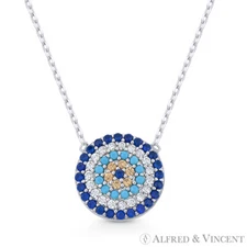 Evil Eye CZ Charm 13mm Pendant Turkish Nazar Greek Mati Sterling Silver Necklace