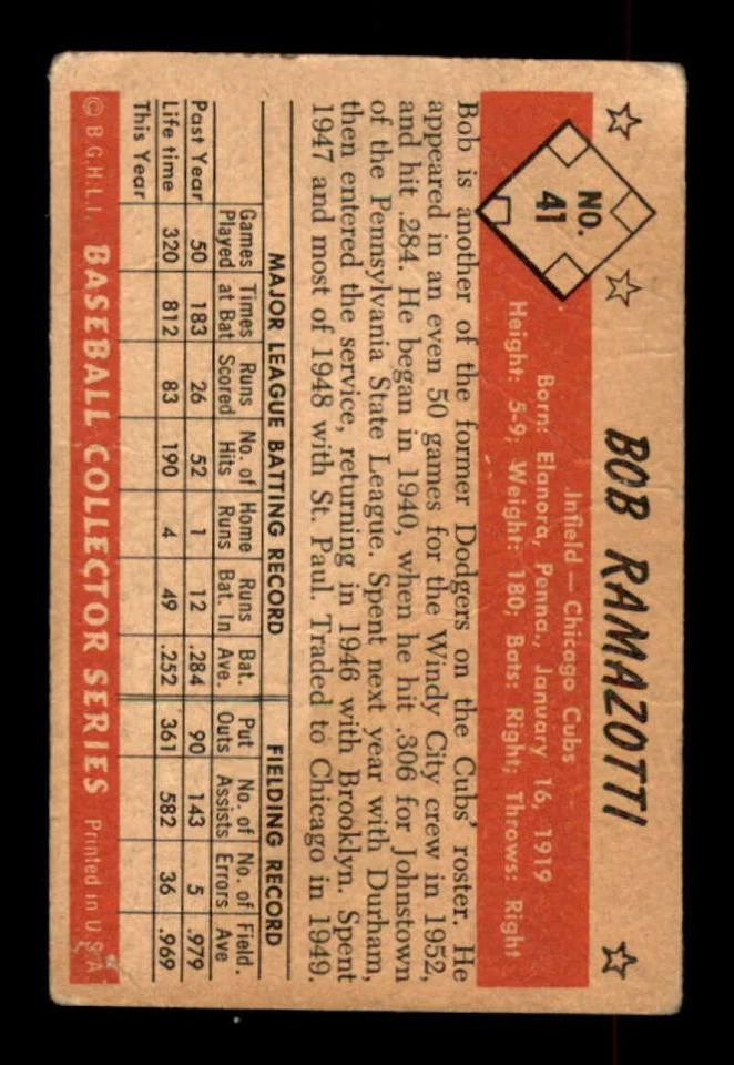 1953 Bowman Black and White #41 Bob Ramazzotti GVG Cubs 542802 - Image 2 of 2