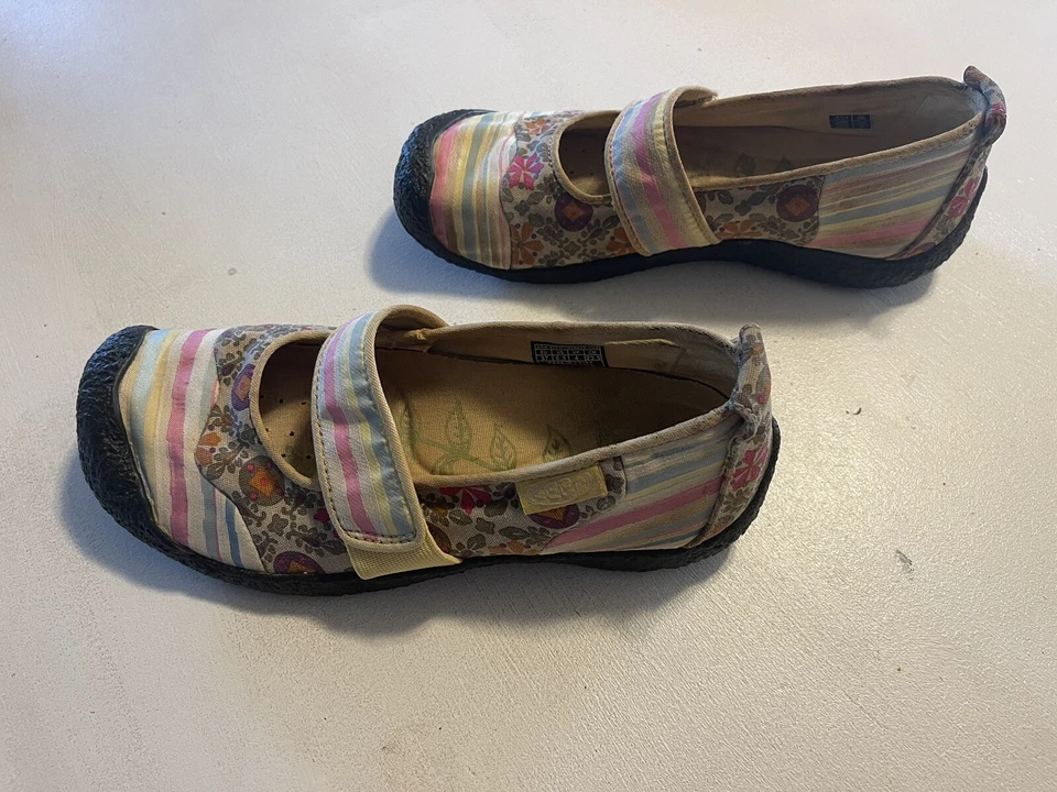  Keen женские туфли Marie 6,5 США холст цветочный полоски Mary Jane круглый носок ремень - Изображение 3 из 4