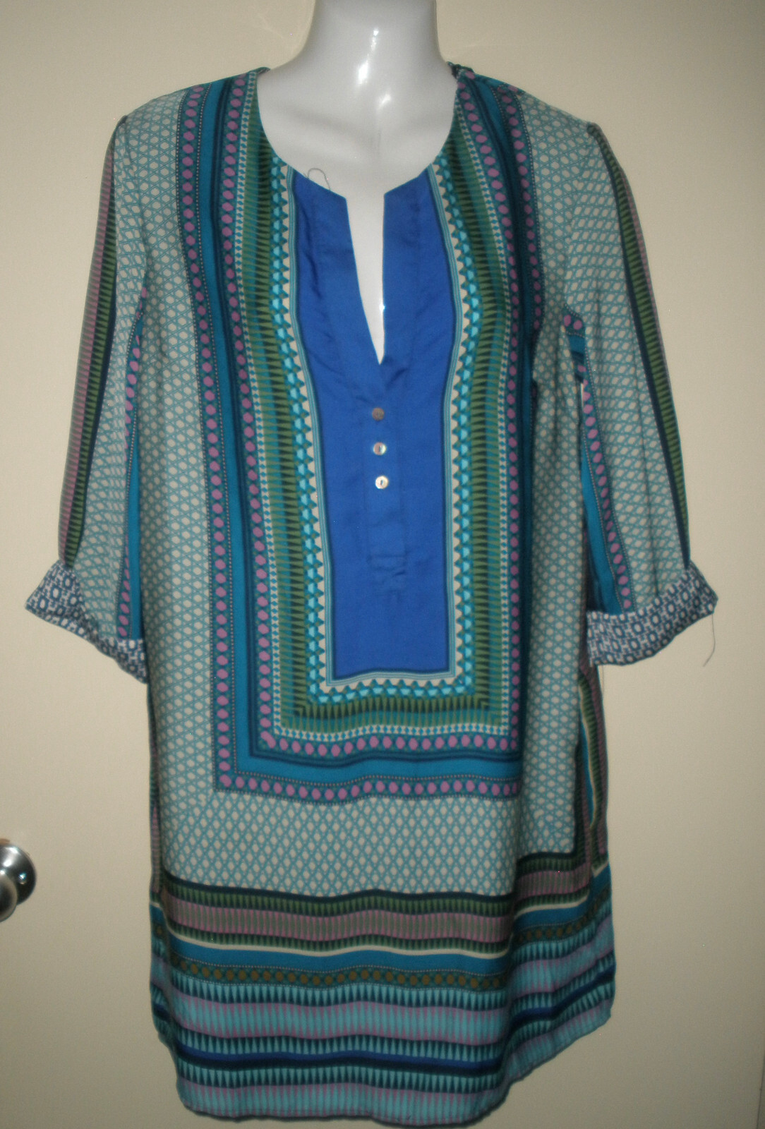 #1138  Dress S Philosophy Kaftan Bright Blue Green Pockets Geometric Fun