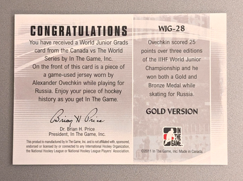 Alex Ovechkin 2011-12 Canada VS The World - World Junior Grads Gold Version /10 - Picture 2 of 2