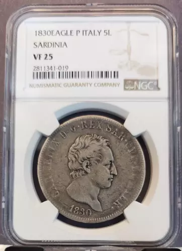 1830 ITALY SILVER 5 LIRE SARDINIA CARLO FELICE NGC VF 25 SCARCE NICE COIN