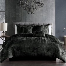 Solid Black Crinkled Velvet 7 pc Comforter Set Queen King Glam Elegant Bedding