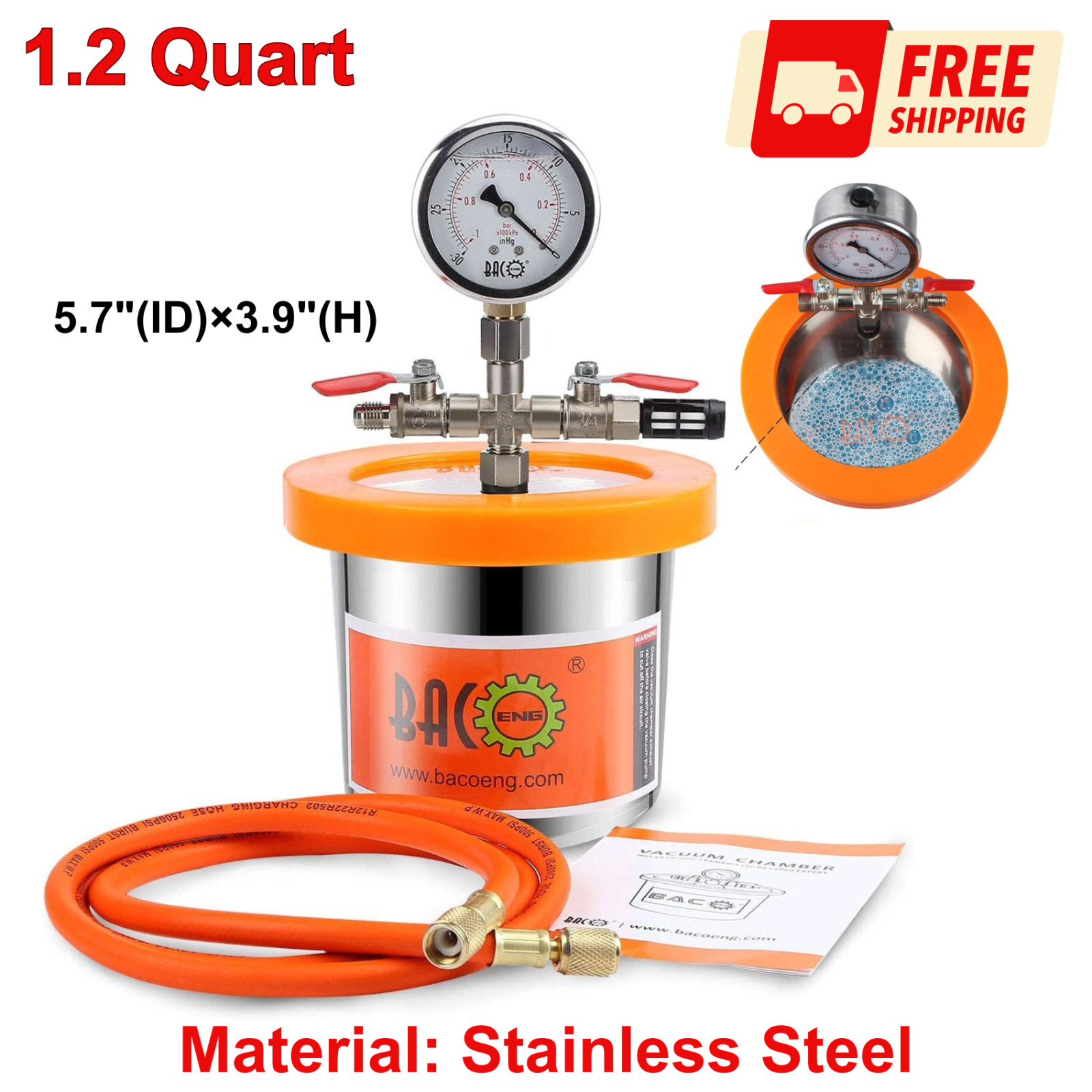 Universal Vacuum Chamber Series 1.2 Qt Stainless Steel for Resin,Silicone, Epoxy