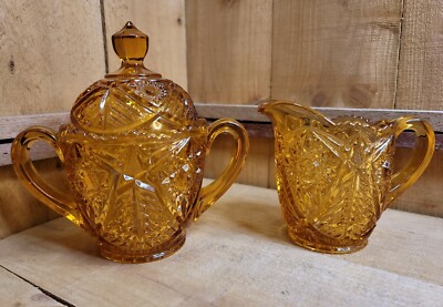 L.E. Smith Amber Carnival Glass Hobstar Valtec Tree Star Pattern Cream & Sugar 