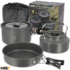 NGT 3 Piece Cook Set Carp Fishing Cooking Kettle, Frying Pan, Saucepan + Case
